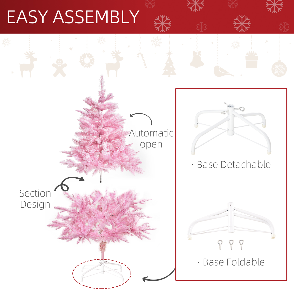 4ft Pink Artificial Christmas Tree - Auto-Open, 341-Branch Full Look