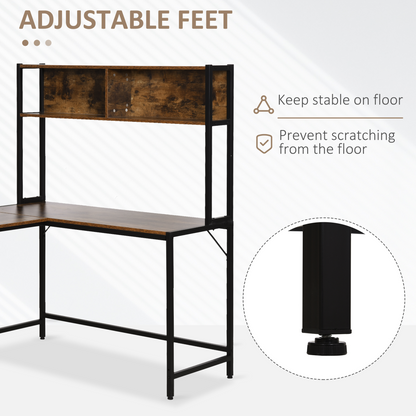 Industrial L-Shaped Desk with Shelf, 149x140x125cm, Brown & Black