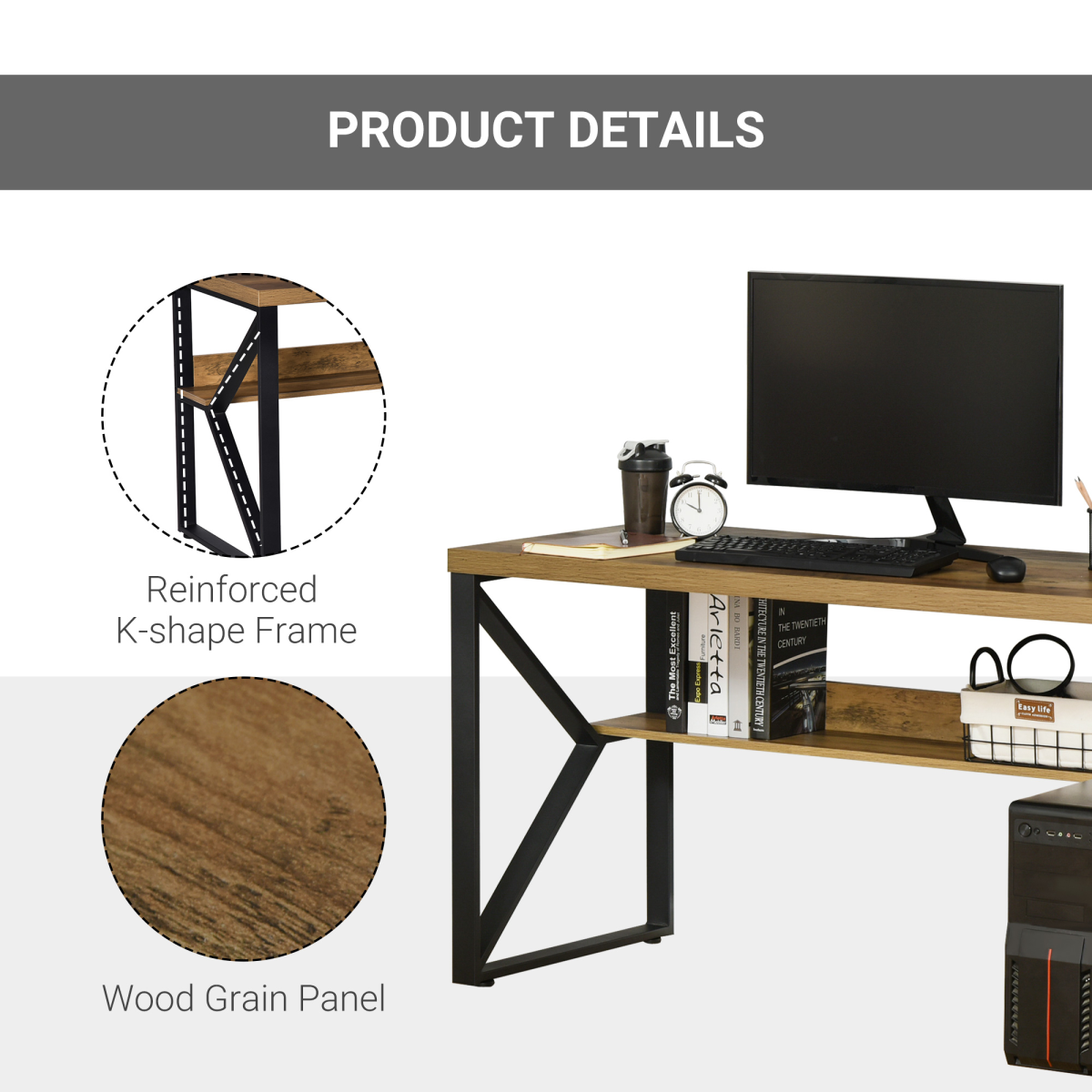 K-Shaped Steel Desk with Storage Shelf – Home Office Computer Table