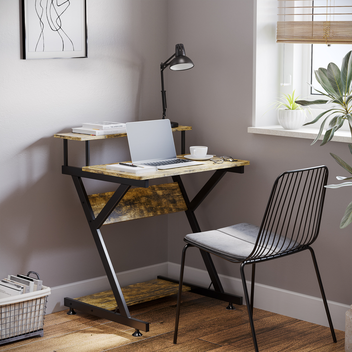 R-Shaped Brown Computer Desk with Monitor Shelf, Storage & Z-Frame