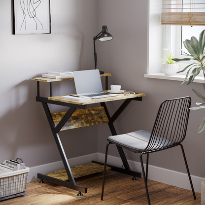 R-Shaped Brown Computer Desk with Monitor Shelf, Storage & Z-Frame