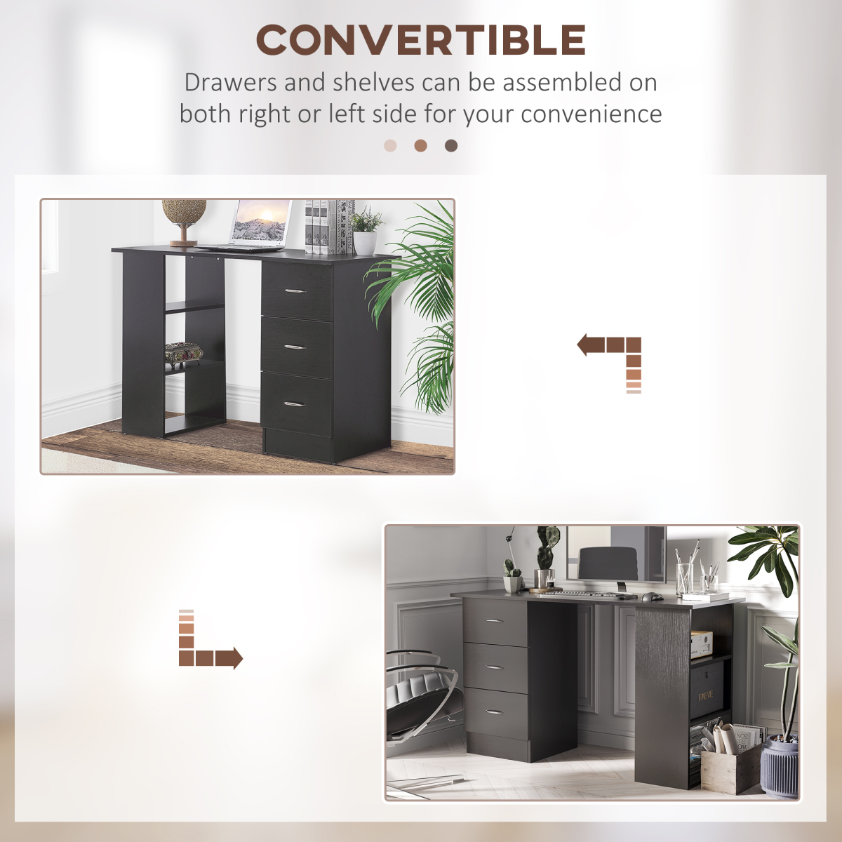 120cm Black Computer Desk with 3-Shelf Storage & Drawers