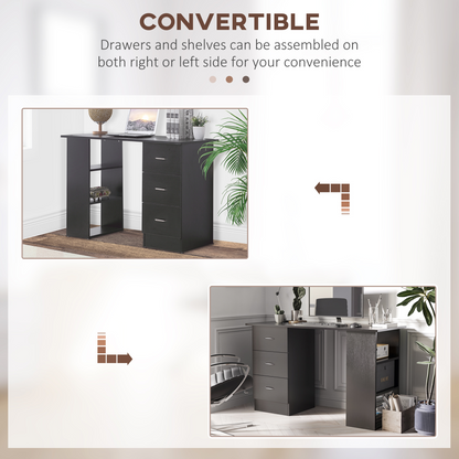 120cm Black Computer Desk with 3-Shelf Storage & Drawers