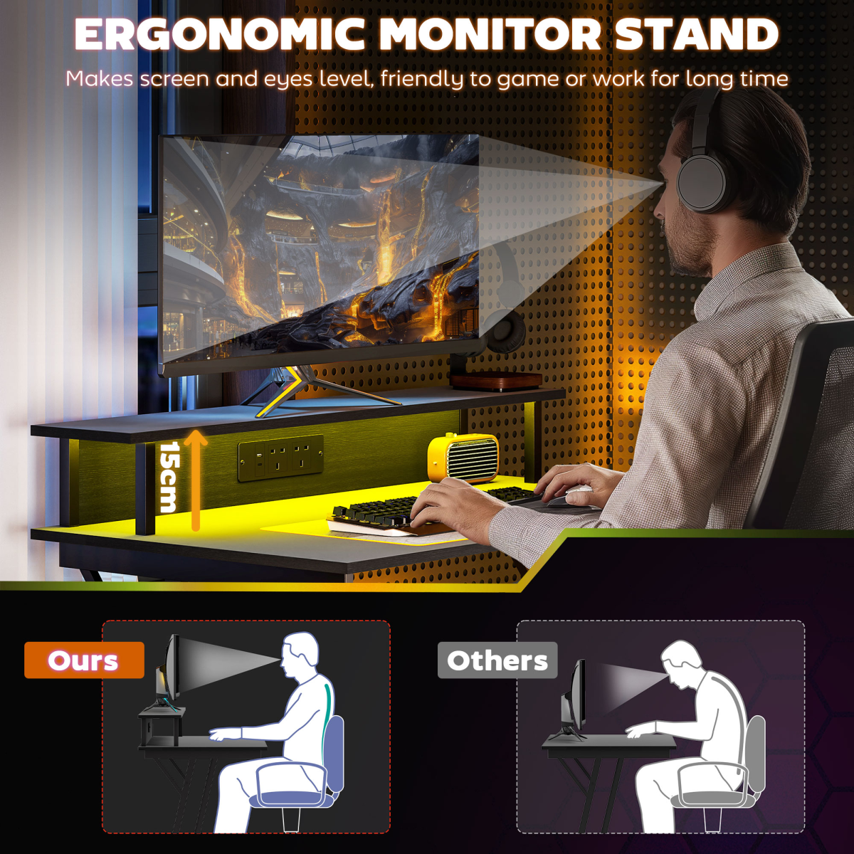 HOMCOM LED Gaming Desk with RGB Lights, Power Outlets & Monitor Stand 100x60cm