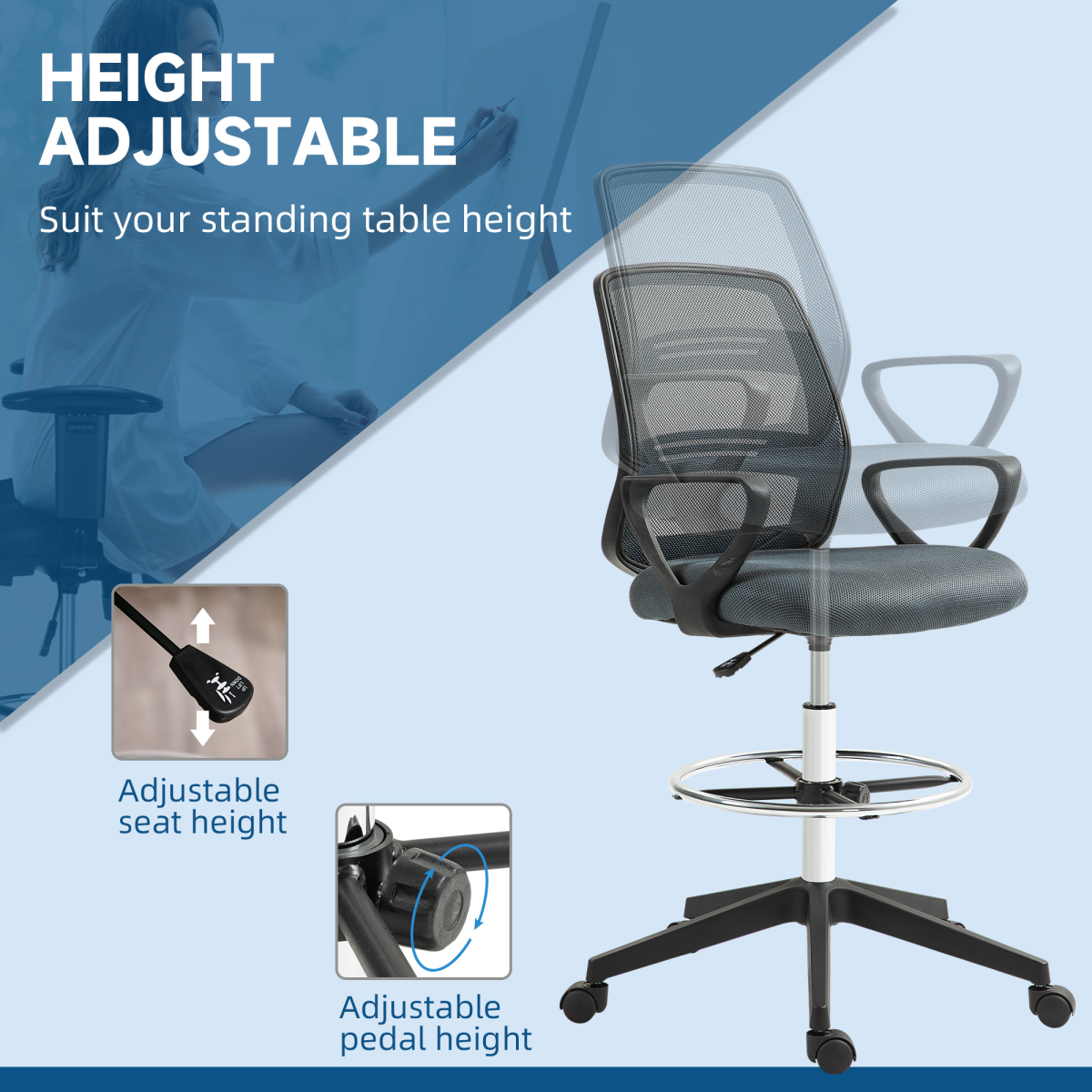 Vinsetto Draughtsman Chair Tall Office Chair with Adjustable Height Grey