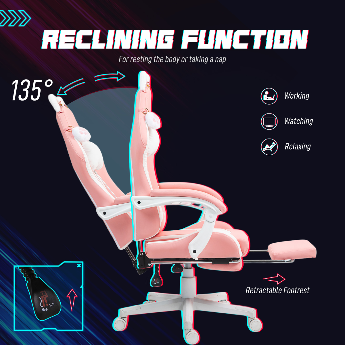 HOMCOM Gaming Chair with Footrest, Reclining Computer Chair, Pink