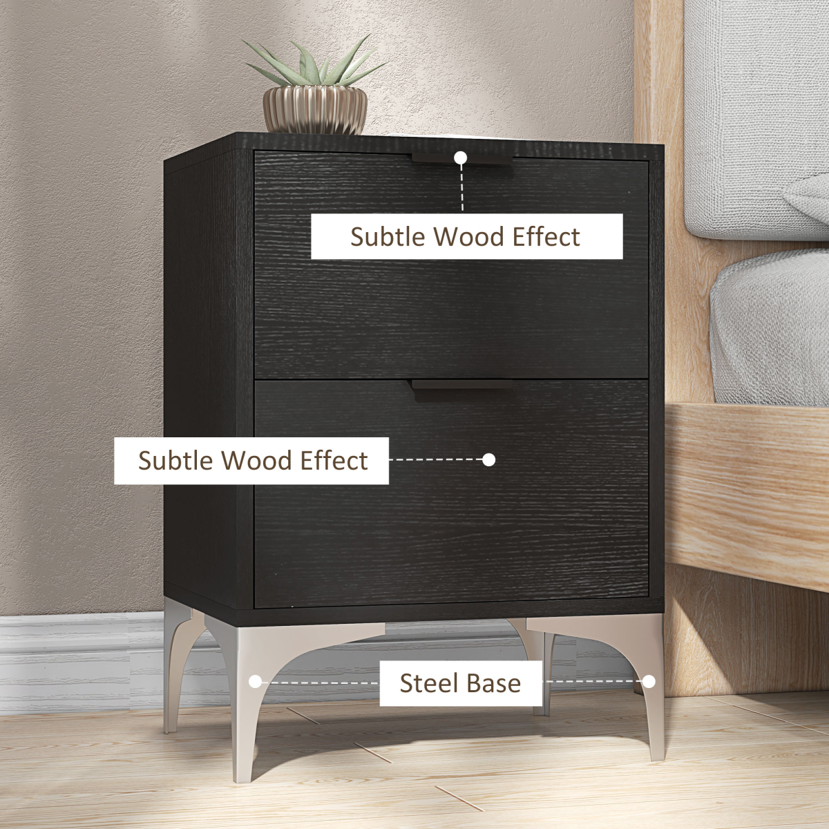 HOMCOM Bedside Tables Set of 2 with 2 Drawers for Bedroom, Living Room