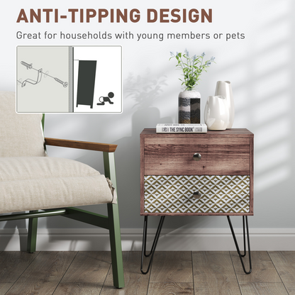 Chic Boho Style Bedside Table with Storage - Brown Wood Effect Design