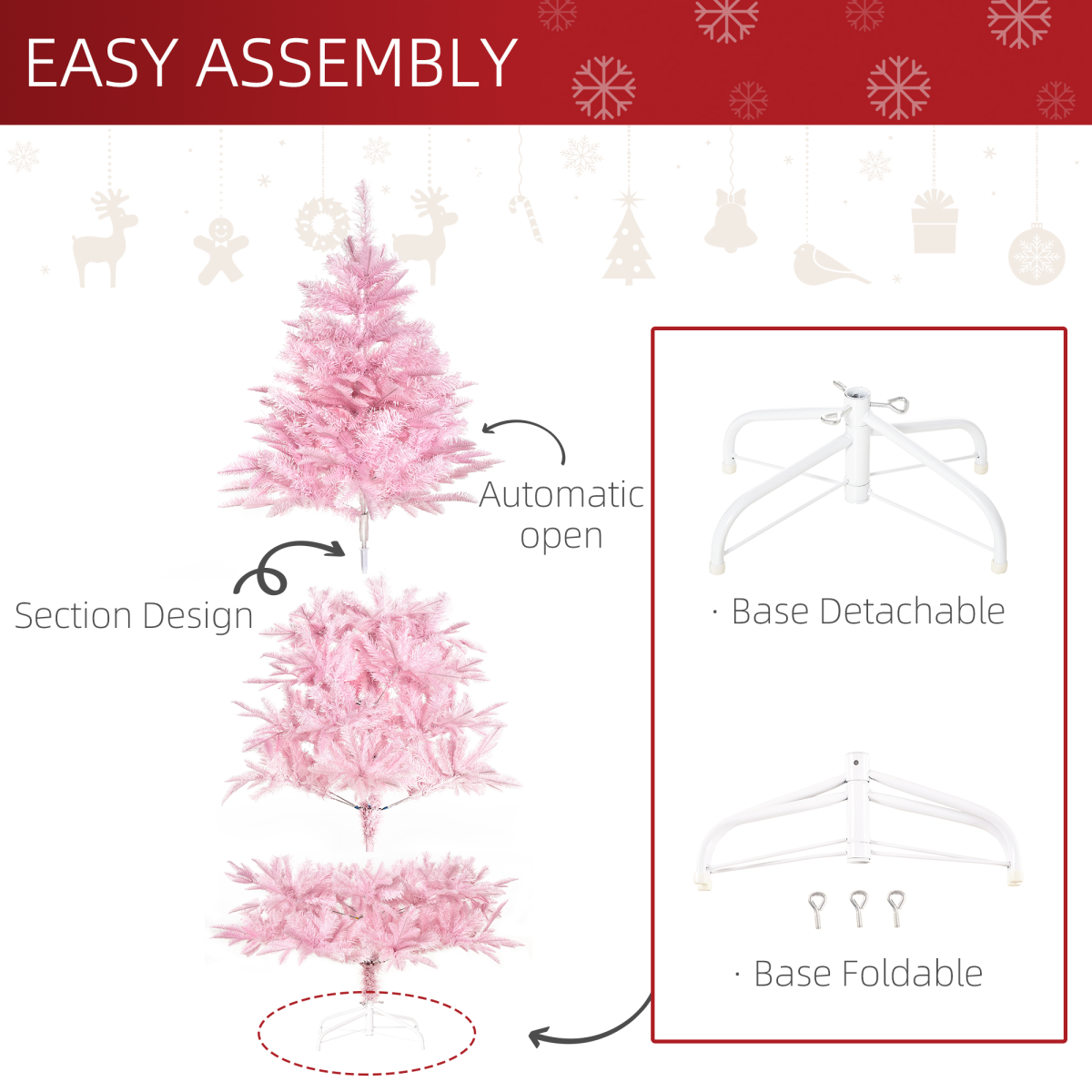 6ft Pink Artificial Christmas Tree - 892 Branches, Automatic Open