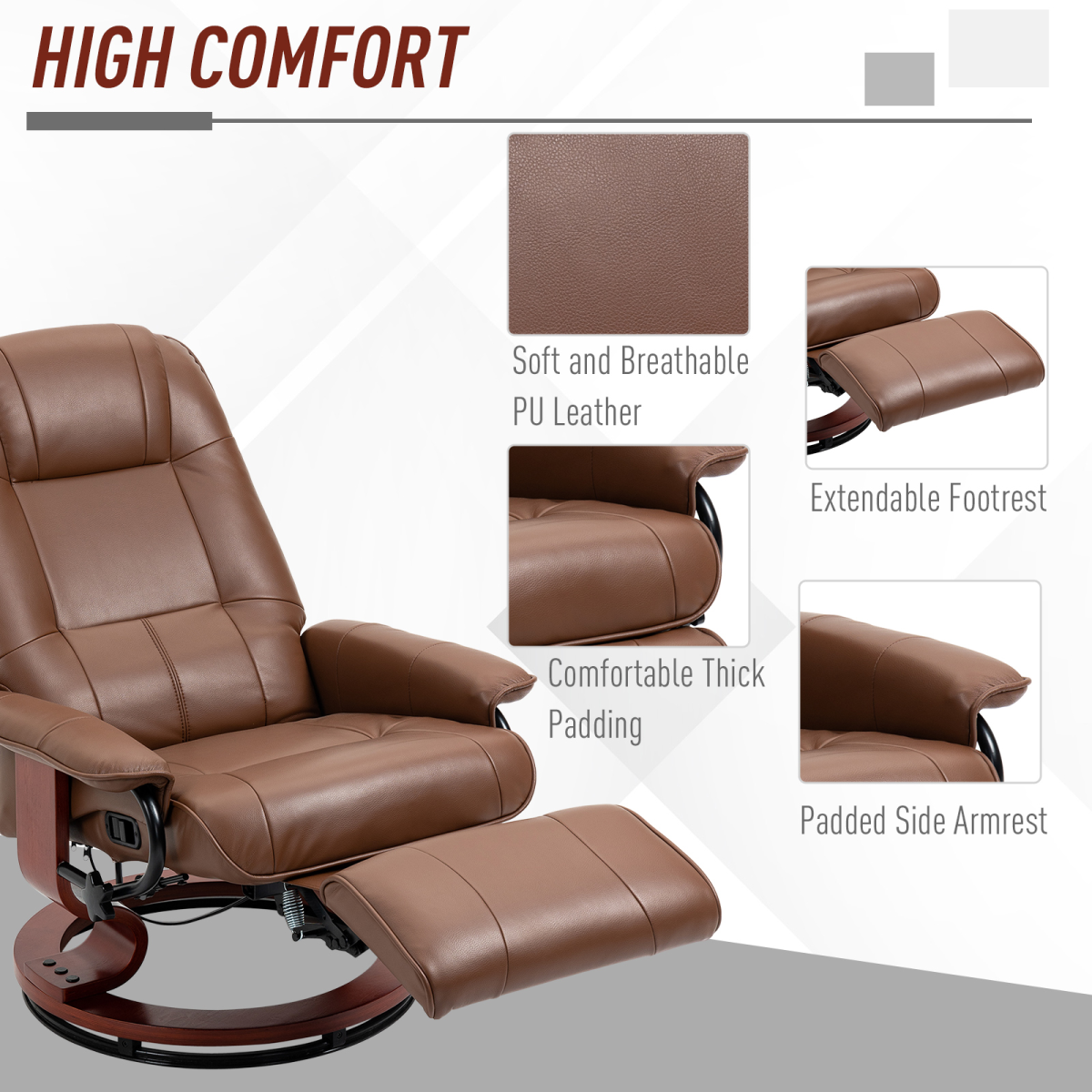 HOMCOM Ergonomic Office Recliner Sofa Chair PU Leather Armchair Lounger Brown