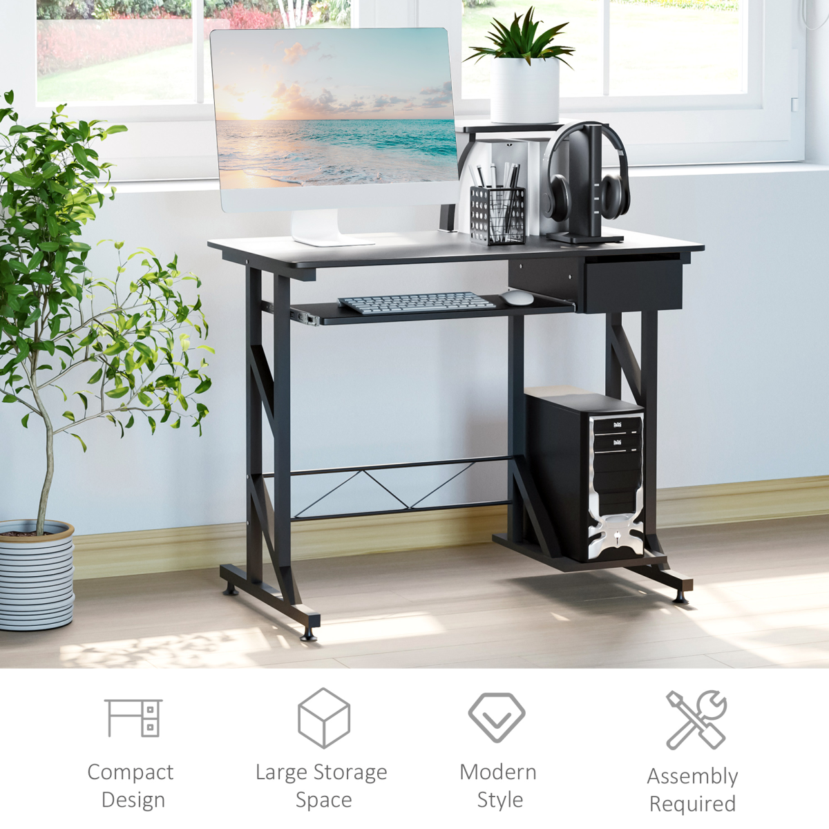 HOMCOM Black Wood Computer Desk with Keyboard Tray, CPU Stand & Elevated Shelf