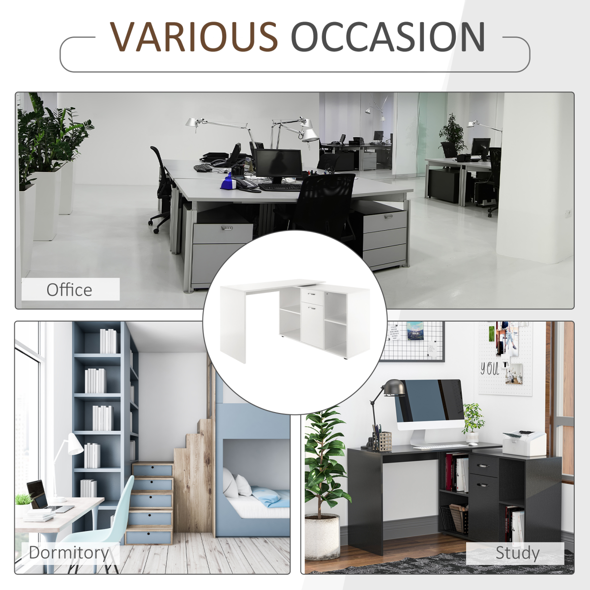 Adjustable Dual-Use L-Shaped / I-Shape Computer Desk with Storage & Flatwall