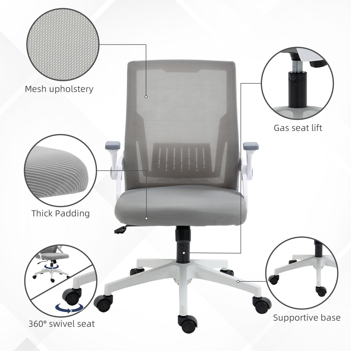 Vinsetto Mesh Office Chair for Home with Lumbar Support, Flip-up Arm, Wheels