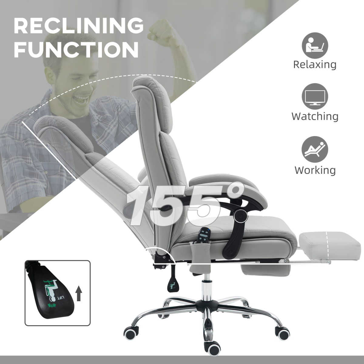 Vinsetto PU Vibration Massage Office Chair with Heat, Footrest, Light Grey