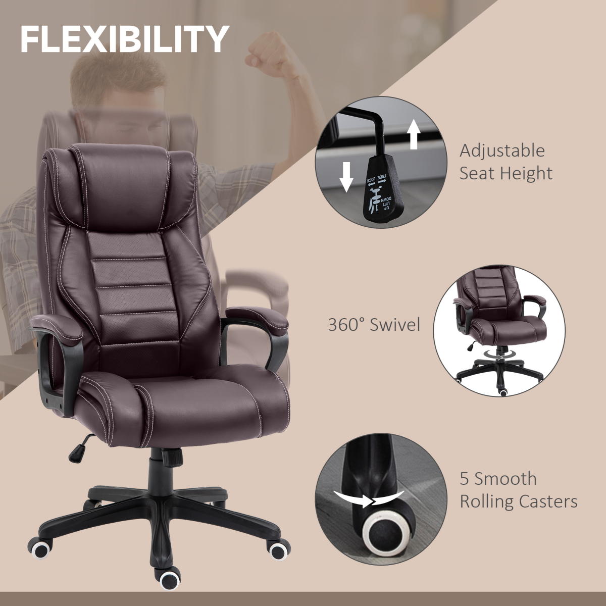 High Back 6 Points Vibration Massage Executive Office Chair, Brown Vinsetto