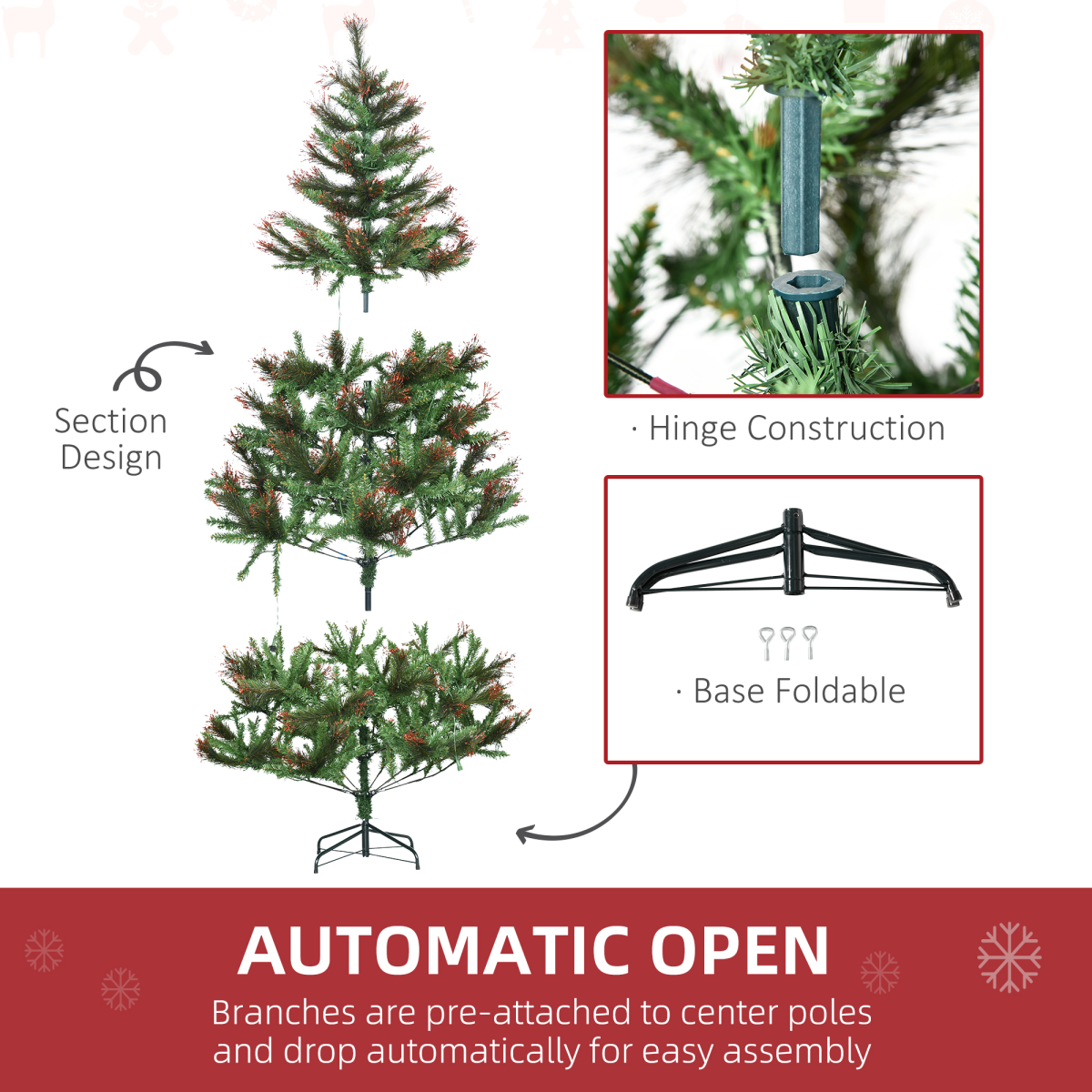 HOMCOM 6ft Pre-Lit Christmas Spruce Tree - 200 LED Lights, Gold Tips