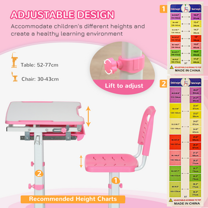 Pink Adjustable-Height Kids Desk & Chair Set with Drawer & Pen Slot