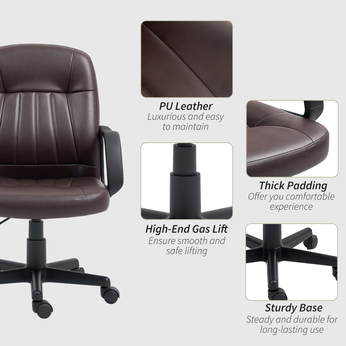 HOMCOM PU Leather Office Chair Swivel Home Computer Desk Chair, Dark Brown