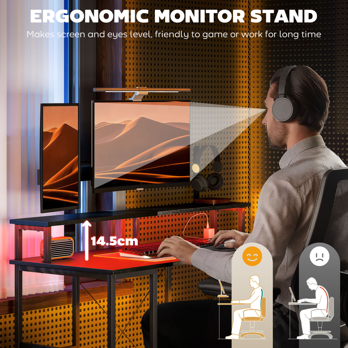 HOMCOM Reversible Home Office Desk with USB Charging RGB LED Storage