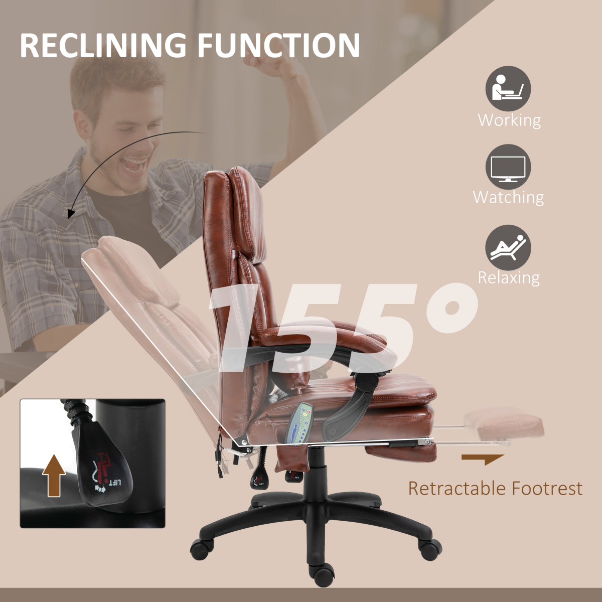 Ergonomic Office Chair w/ 7 Massage Points Headrest Armrest Footrest Brown