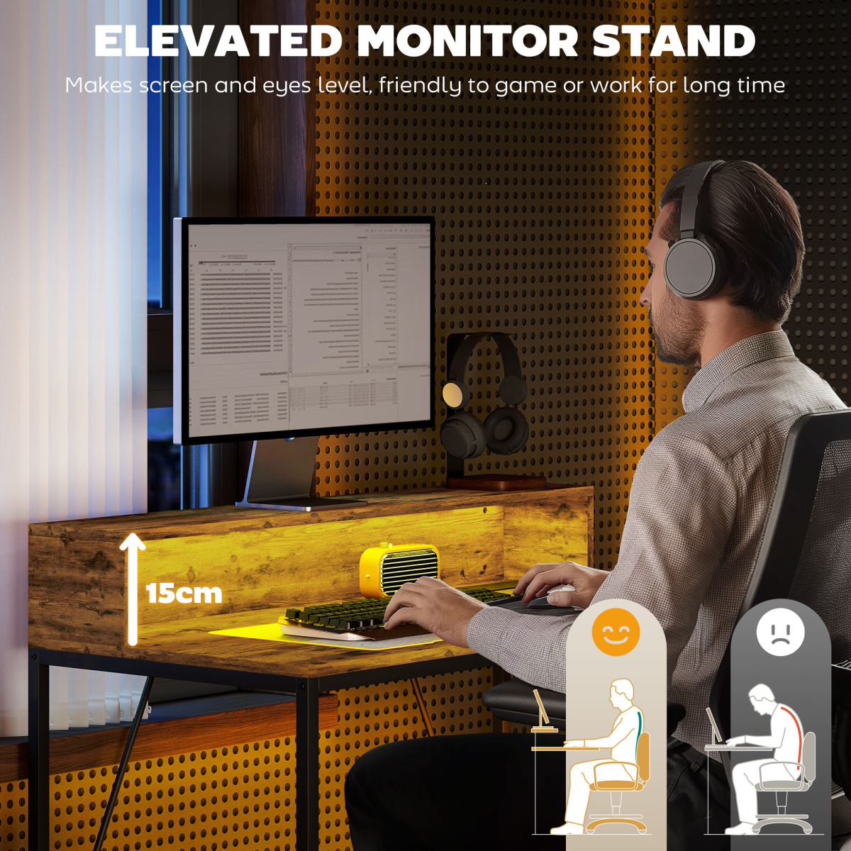 HOMCOM LED Lighted Computer Desk with Shelf - Remote & Rustic Brown