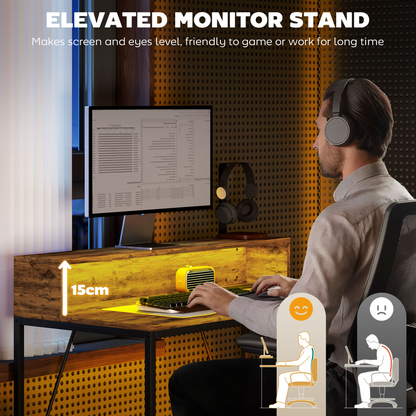 HOMCOM LED Lighted Computer Desk with Shelf - Remote & Rustic Brown