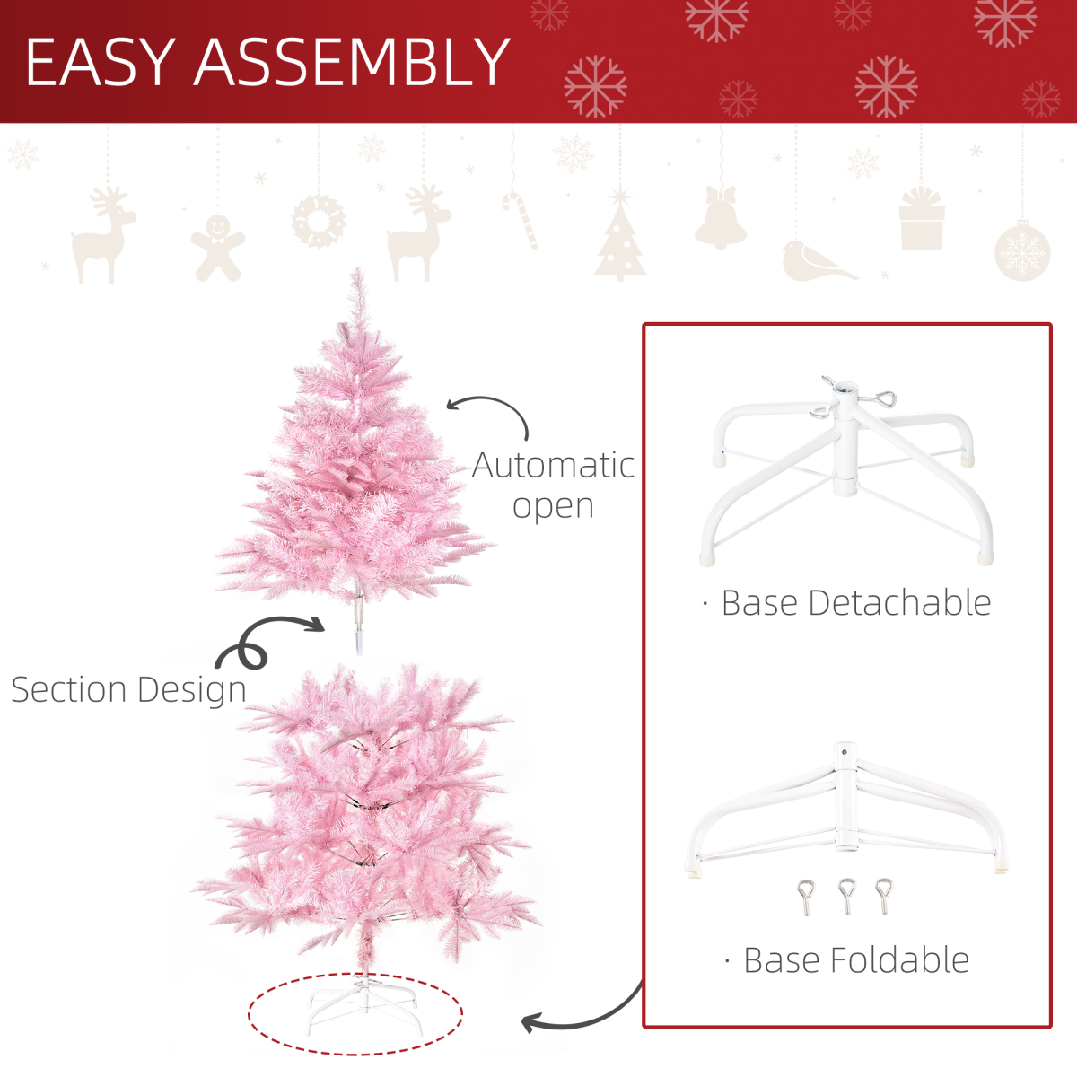5ft Pink Artificial Christmas Tree | Auto-Open, 576 Branches, Easy Setup