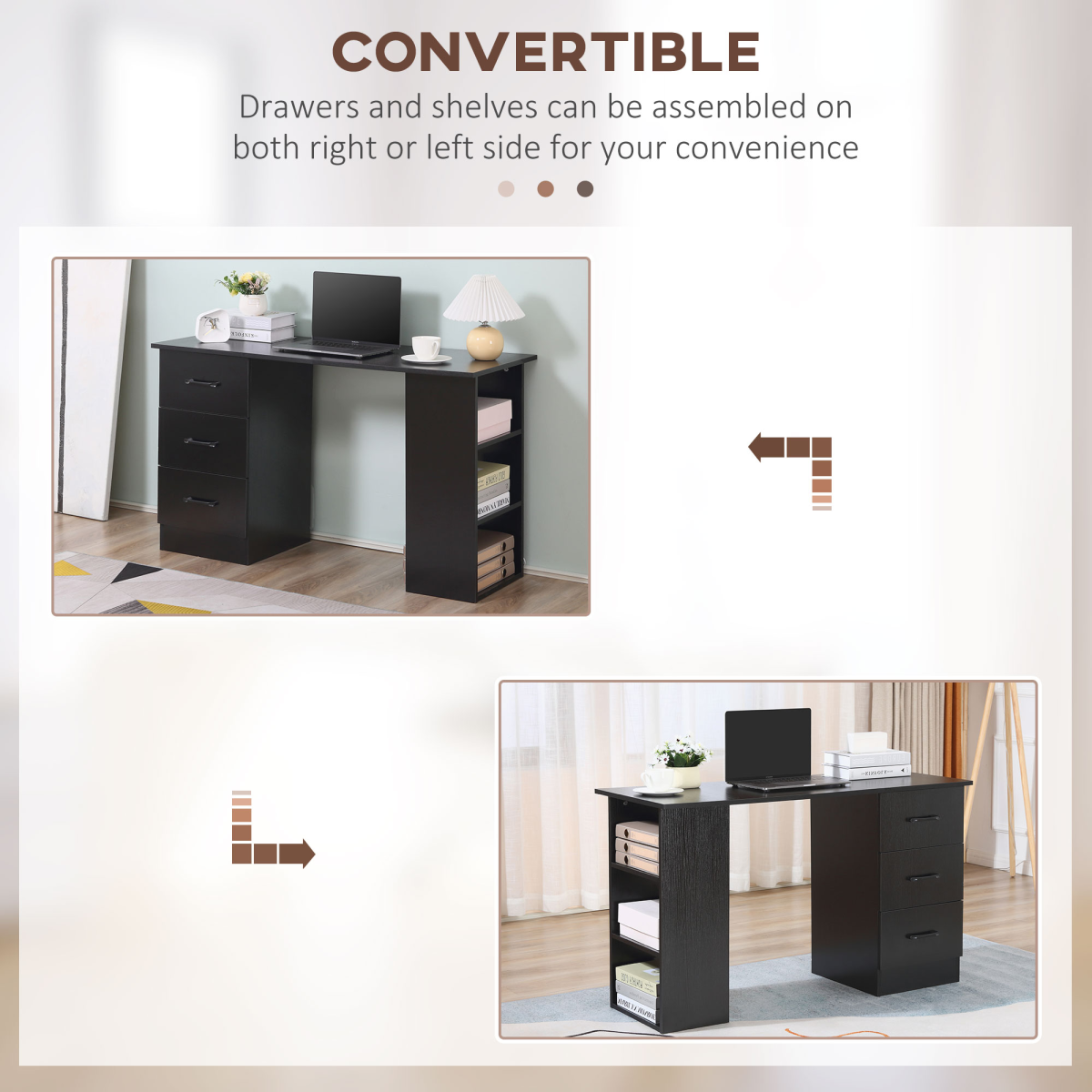 120cm Black Computer Desk with Drawers & Open Shelves, Left/Right Config