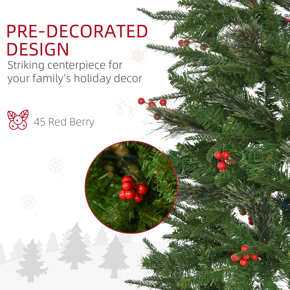 7ft Unlit Pencil Christmas Tree with Red Berries and Metal Base
