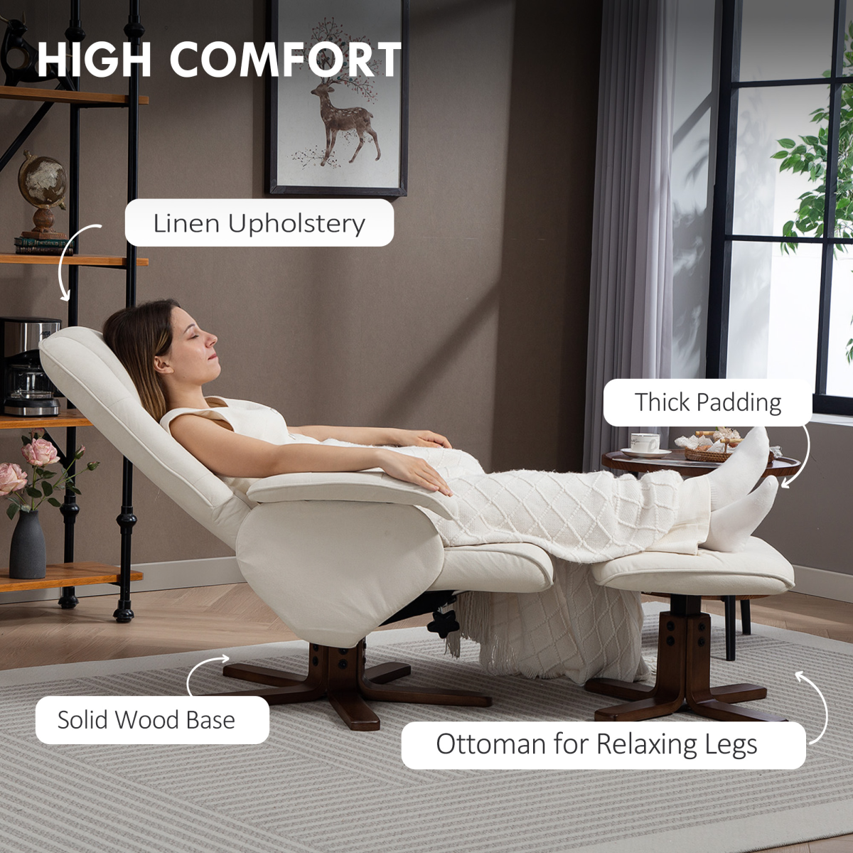 HOMCOM Swivel Recliner Chair with Footstool and Wooden Base, Beige