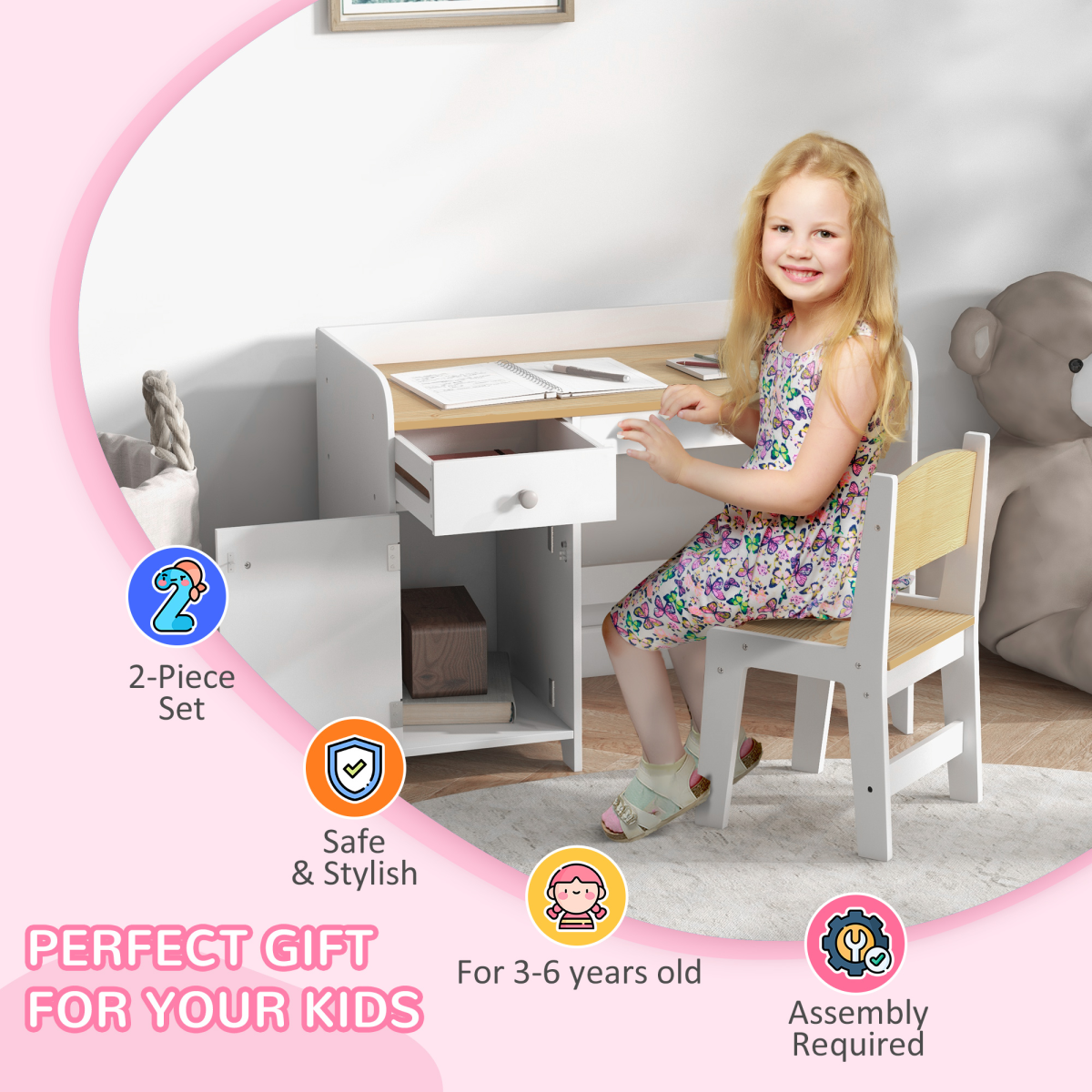 ZONEKIZ Durable White Kids Desk & Chair Set with Storage Drawer for Ages 3-6