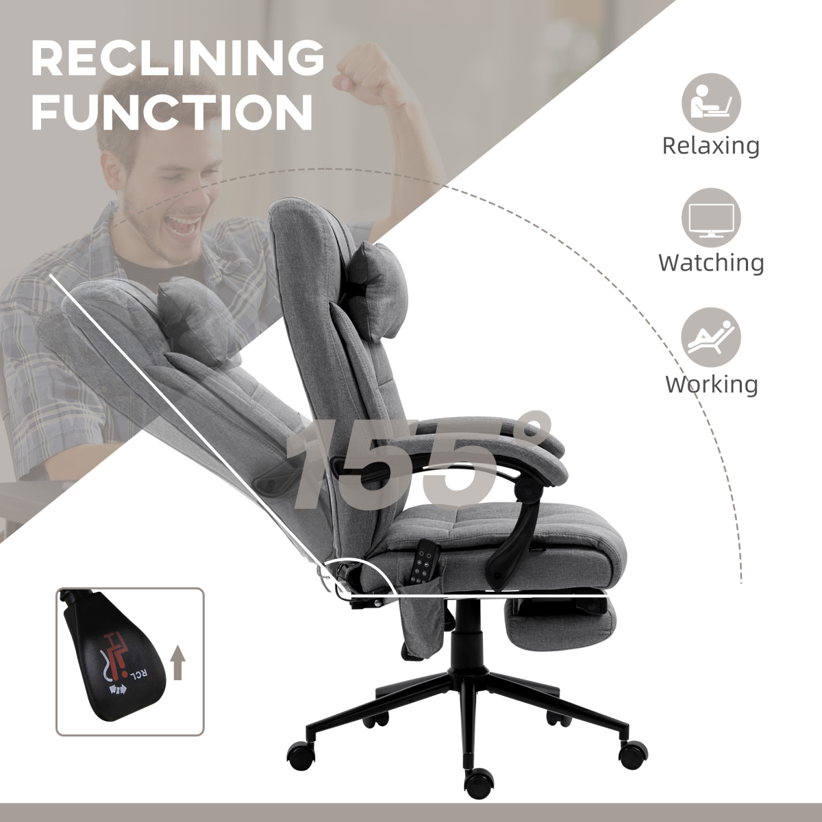 Vinsetto PU Leather Vibration Massage Office Chair with Heat, Footrest, Grey