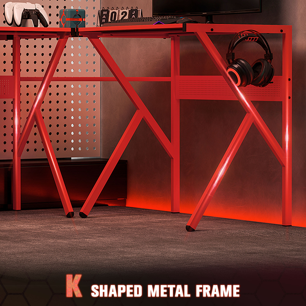 Red L-Shaped Gaming Desk - 49.25x49.25x29.5 in, Monitor Shelf & Cup Holder