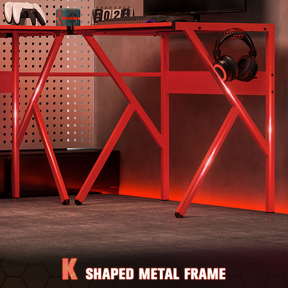 Red L-Shaped Gaming Desk - 49.25x49.25x29.5 in, Monitor Shelf & Cup Holder