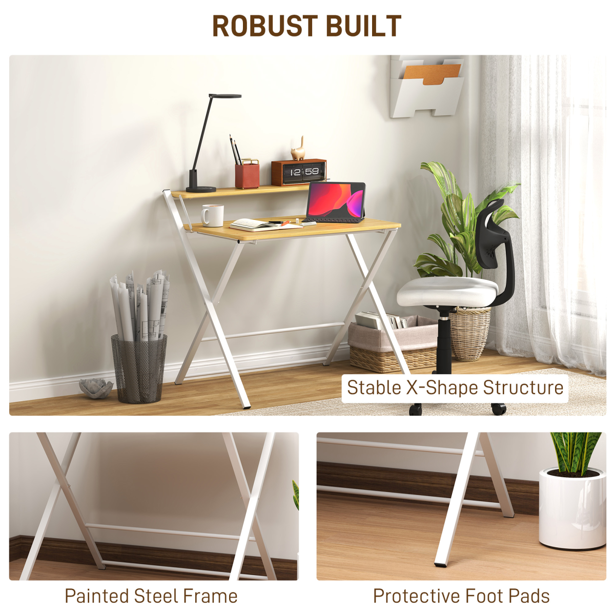 HOMCOM Folding Desk with 2-Tier Shelf - Space-Saving Maple Wood-Effect