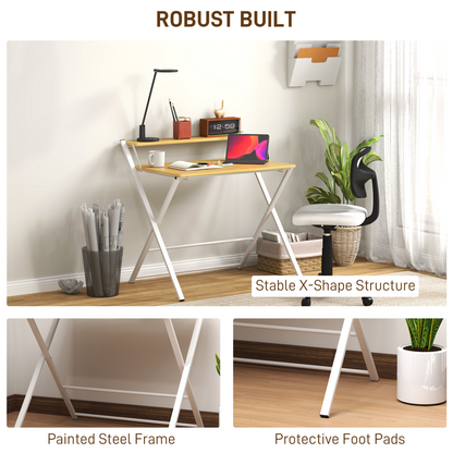 HOMCOM Folding Desk with 2-Tier Shelf - Space-Saving Maple Wood-Effect