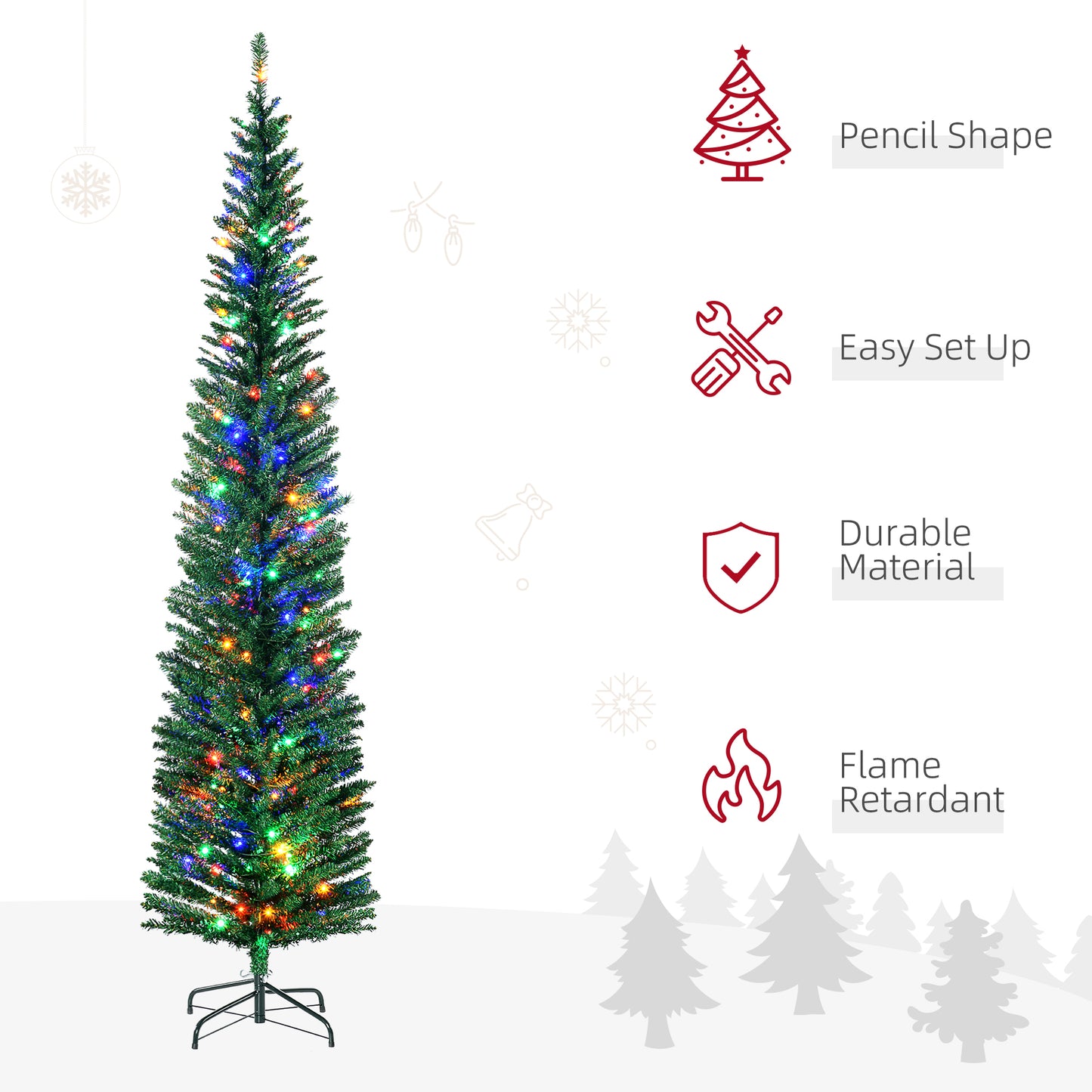 7.5ft Slim Pencil Christmas Tree with Colorful LED Lights & Steel Base