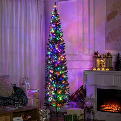 7.5ft Slim Pencil Christmas Tree with Colorful LED Lights & Steel Base