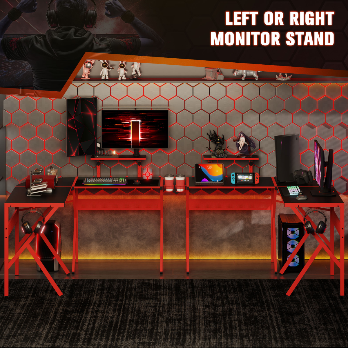 Red L-Shaped Gaming Desk - 49.25x49.25x29.5 in, Monitor Shelf & Cup Holder