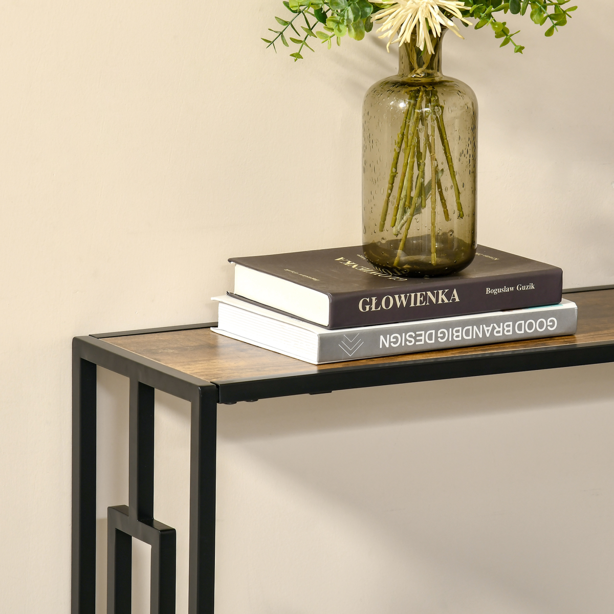 Industrial Console Table with Metal Frame - Rustic Brown/Black, 2 Shelves