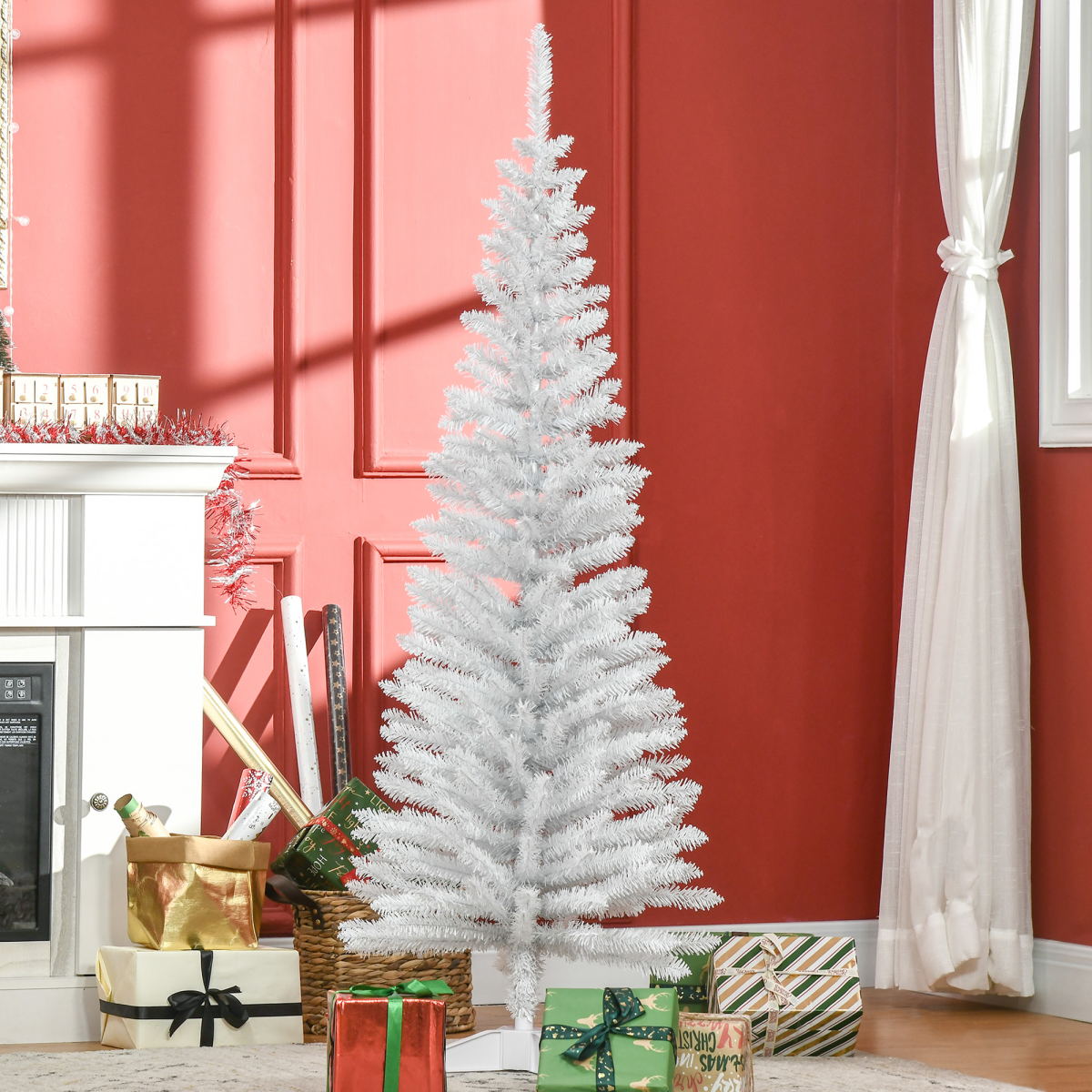 HOMCOM 5ft Pencil Slim Artificial Christmas Tree with Sturdy White Stand