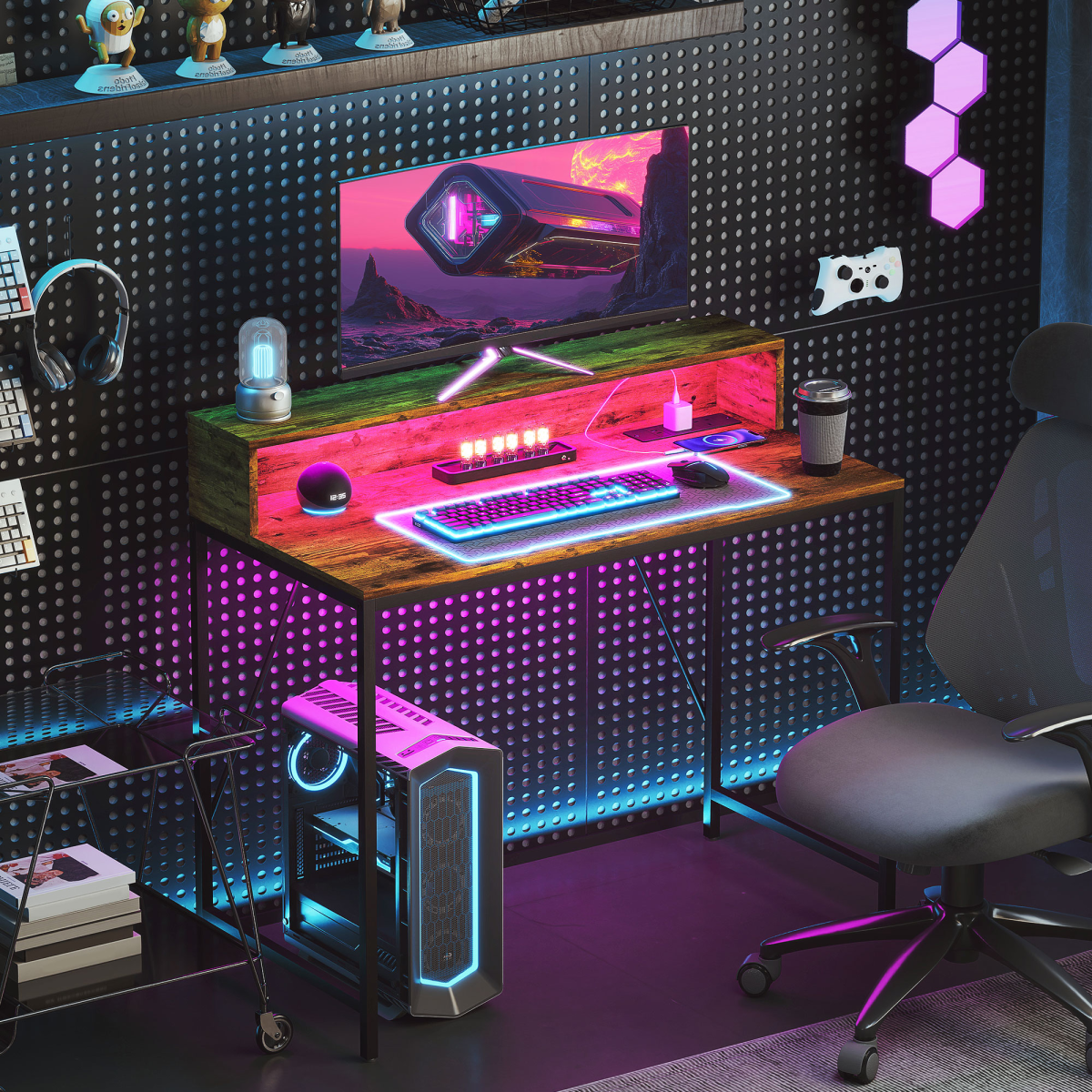 HOMCOM LED Lighted Computer Desk with Shelf - Remote & Rustic Brown