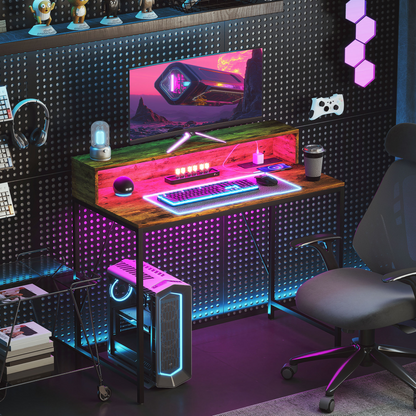 HOMCOM LED Lighted Computer Desk with Shelf - Remote & Rustic Brown