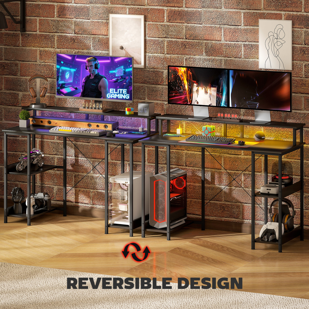 HOMCOM Reversible Computer Desk with Storage & RGB LED Lights - Grey