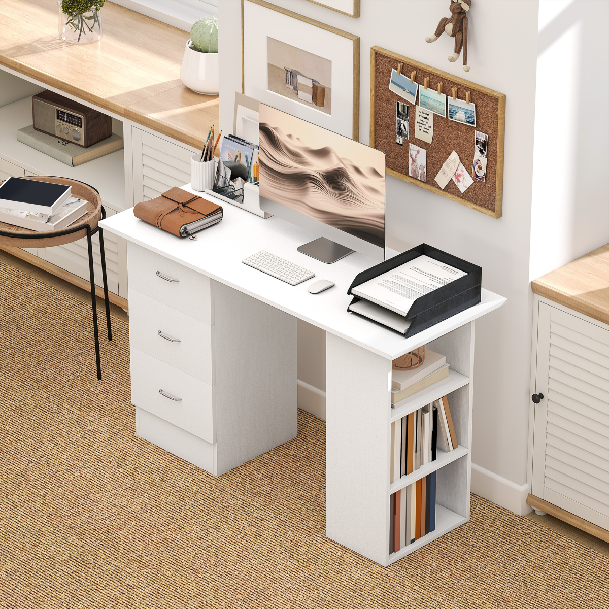 HOMCOM 120cm White PC Desk with 3 Shelves & Drawers