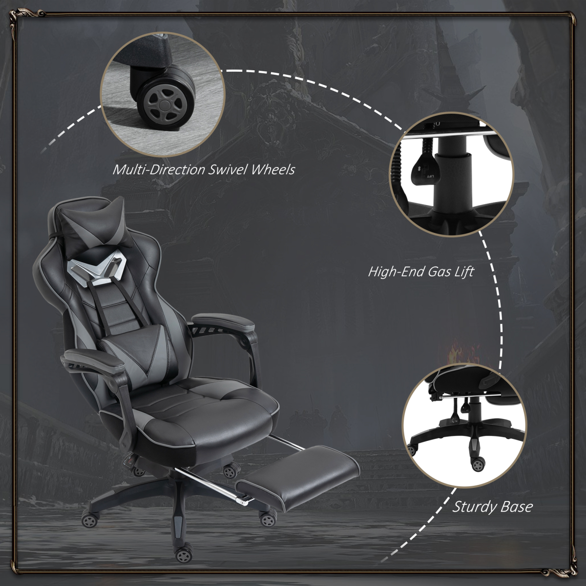 Gaming Chair Ergonomic Reclining w/ Manual Footrest Wheels Stylish Office Grey