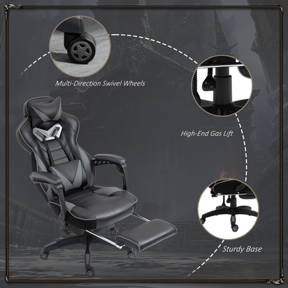 Gaming Chair Ergonomic Reclining w/ Manual Footrest Wheels Stylish Office Grey