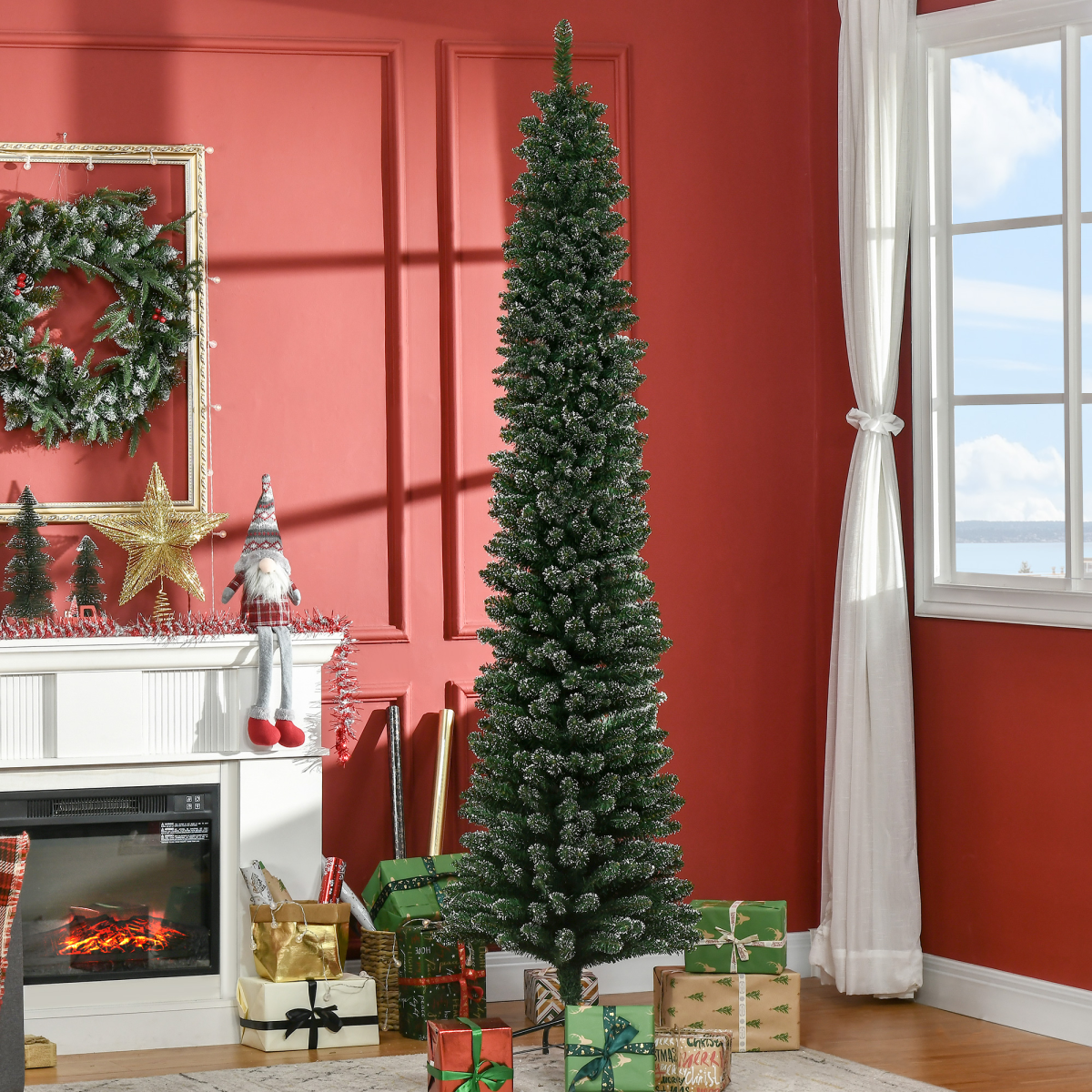 7.5ft Snow-Dipped Artificial Christmas Tree with Metal Base, Green HOMCOM