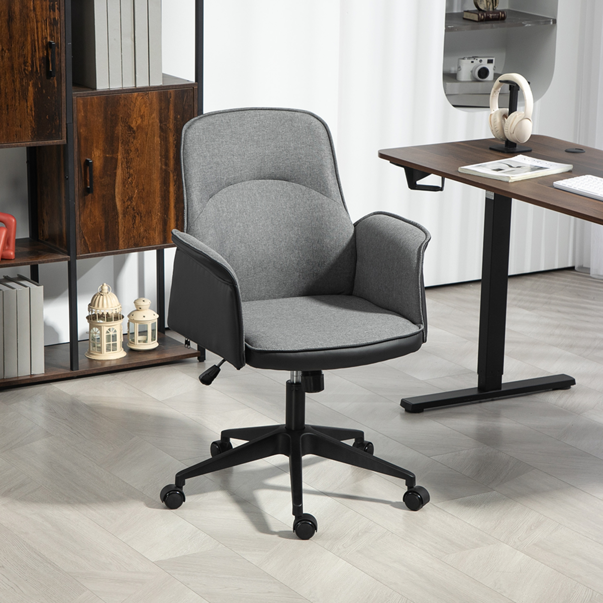 HOMCOM Office Chair, Linen Desk Chair with Adjustable Height Grey