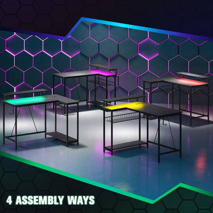 HOMCOM L-Shaped Gaming Desk with LED Lights & Built-in USB/Outlets